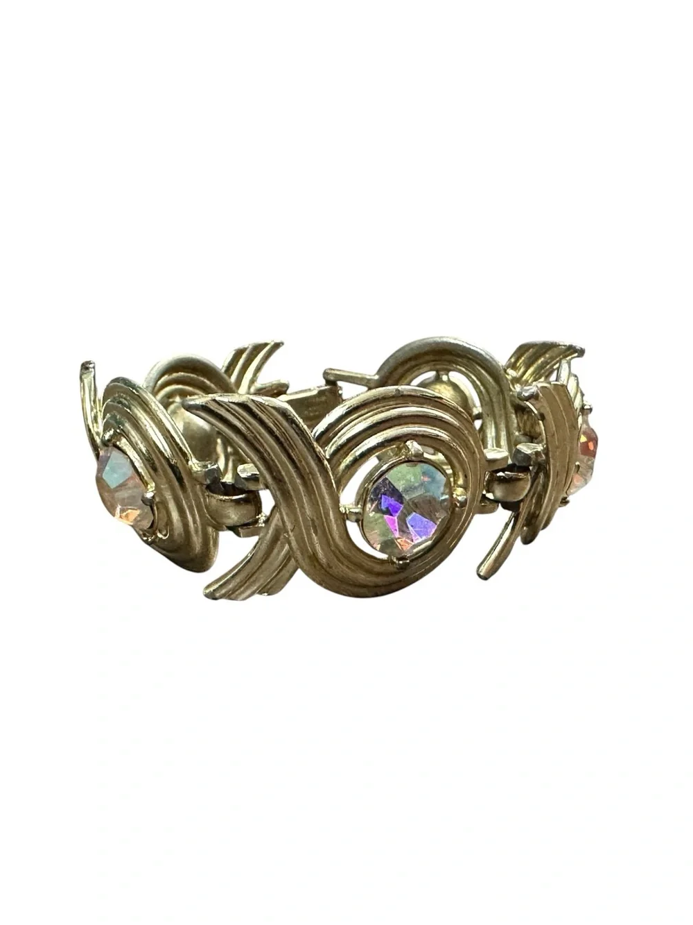 Vintage Sarah Coventry Gold Tone AB Rhinestone Swirl Link Bracelet Signed